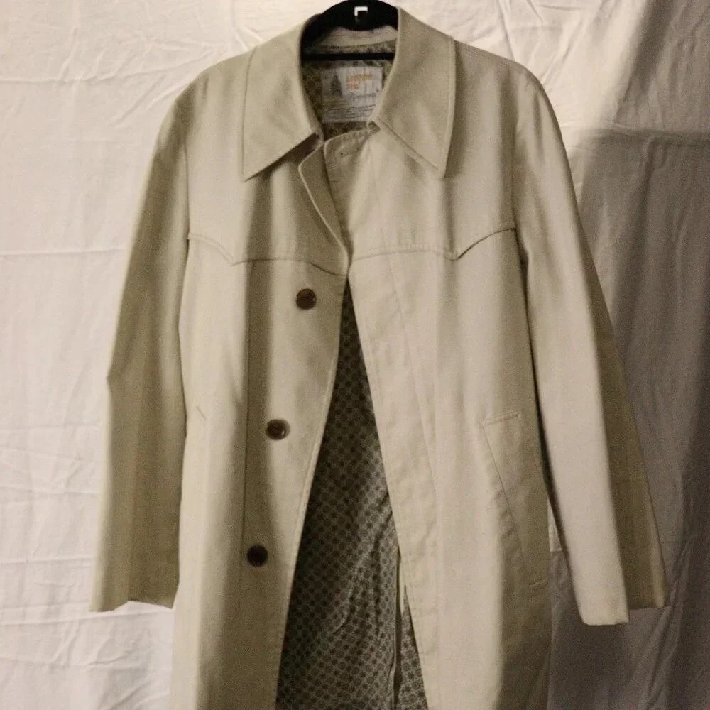London Fog Trench Coat Mens 40 Reg Tan Excellent Western Yoke Maincoat Vintage